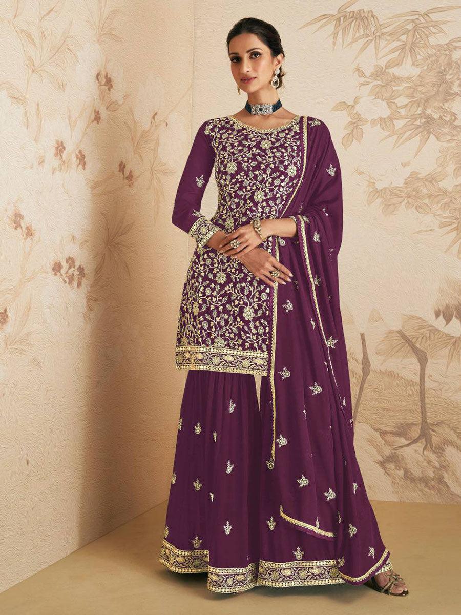 Purple Floral Georgette Embroidery Anarkali - Indiakreations