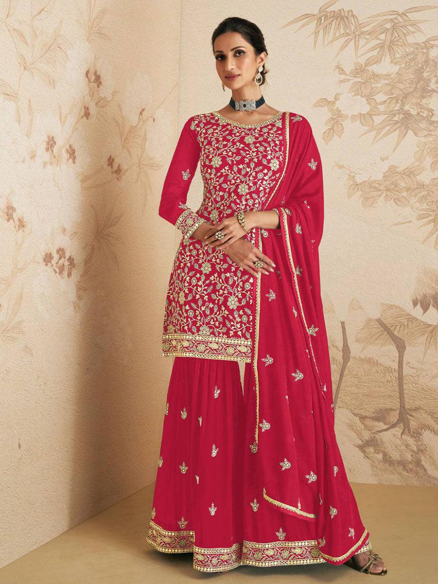 Deep Pink Floral Georgette Embroidery Anarkali - Indiakreations