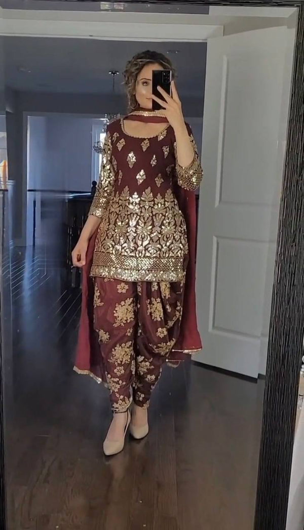 Maroon Georgette Embroidery Salwar Suit With Dupatta Set