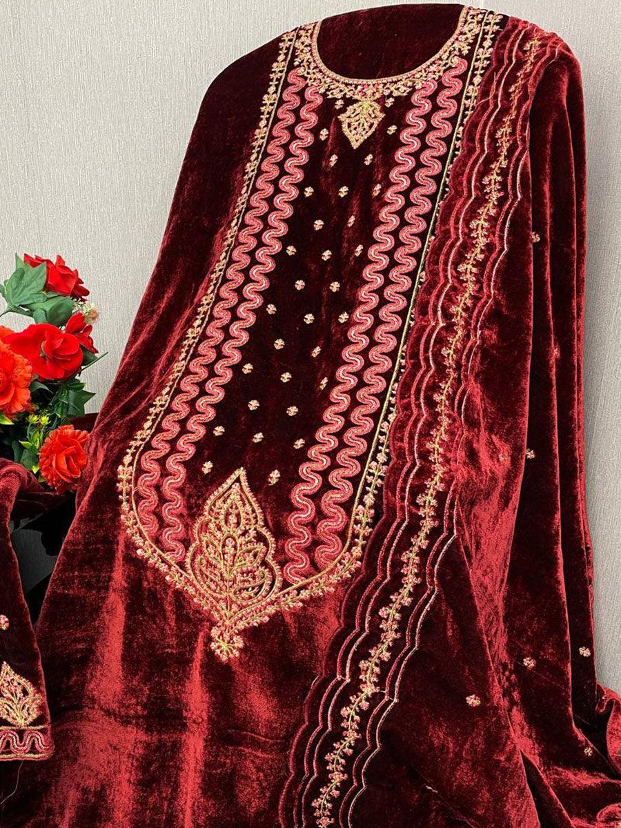 Blood Red Viscose Velvet Embroidery Anarkali - Indiakreations