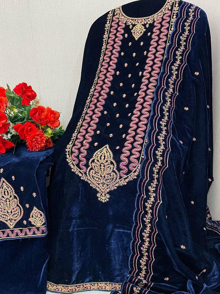 Navy Blue Viscose Velvet Embroidery Anarkali - Indiakreations