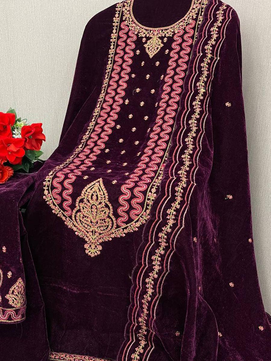 Wine Purple Viscose Velvet Embroidery Anarkali - Indiakreations