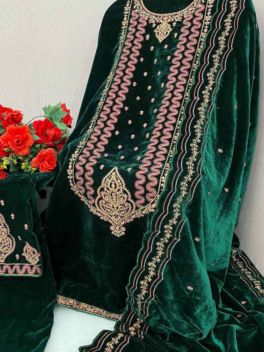 Green Viscose Velvet Embroidery Anarkali - Indiakreations