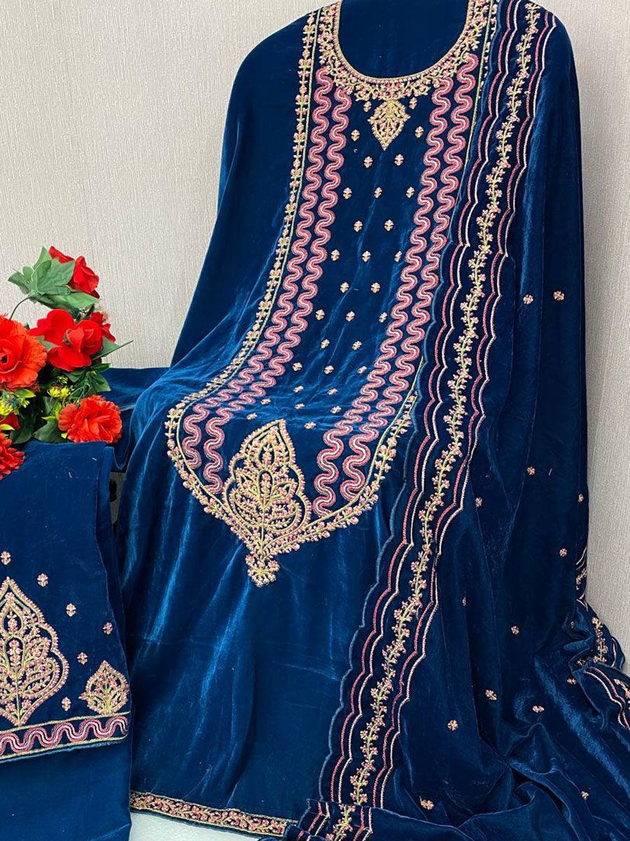 Blue Viscose Velvet Embroidery Anarkali - Indiakreations