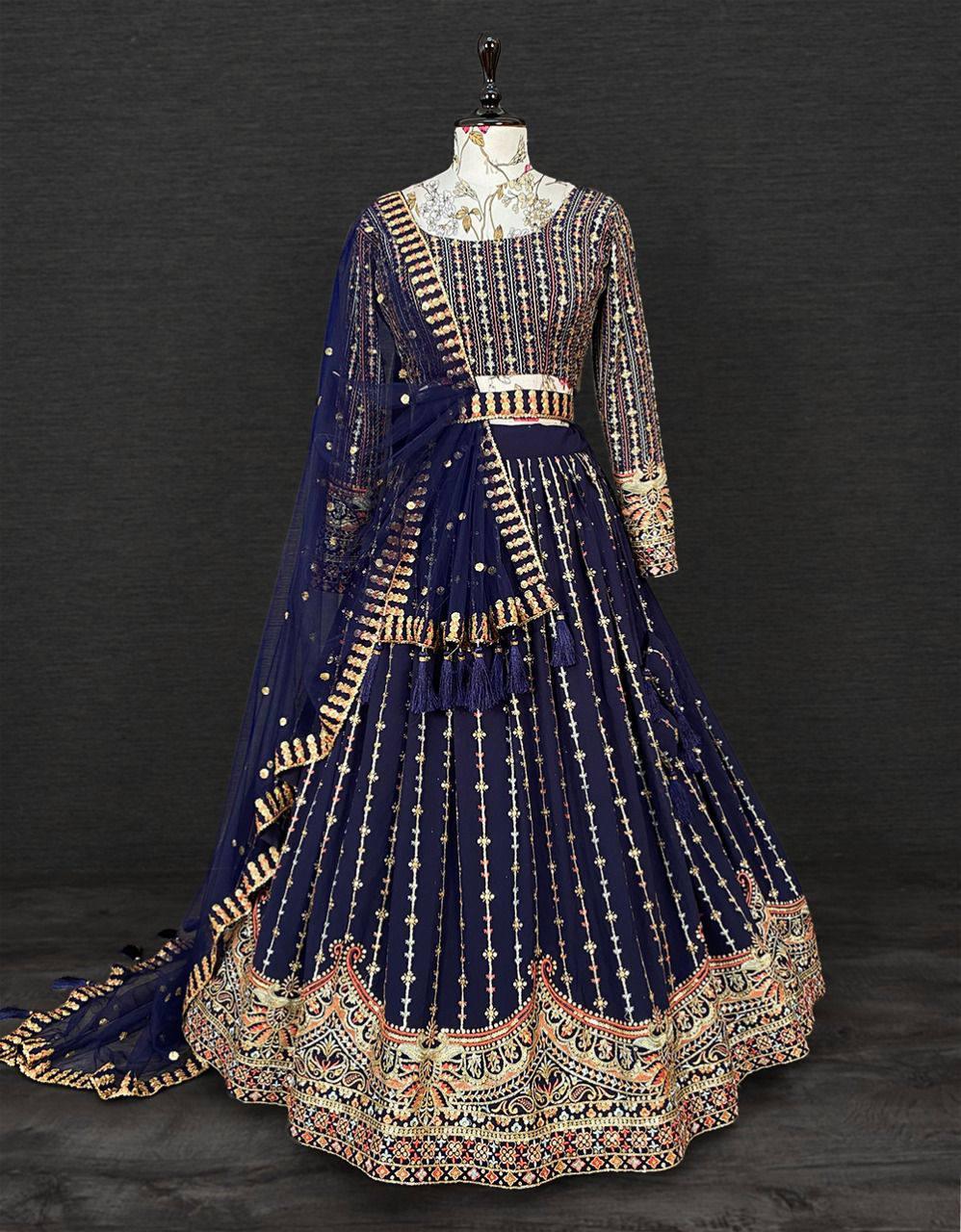 Navy Blue Floral Georgette Embroidery Lehenga Choli - Indiakreations