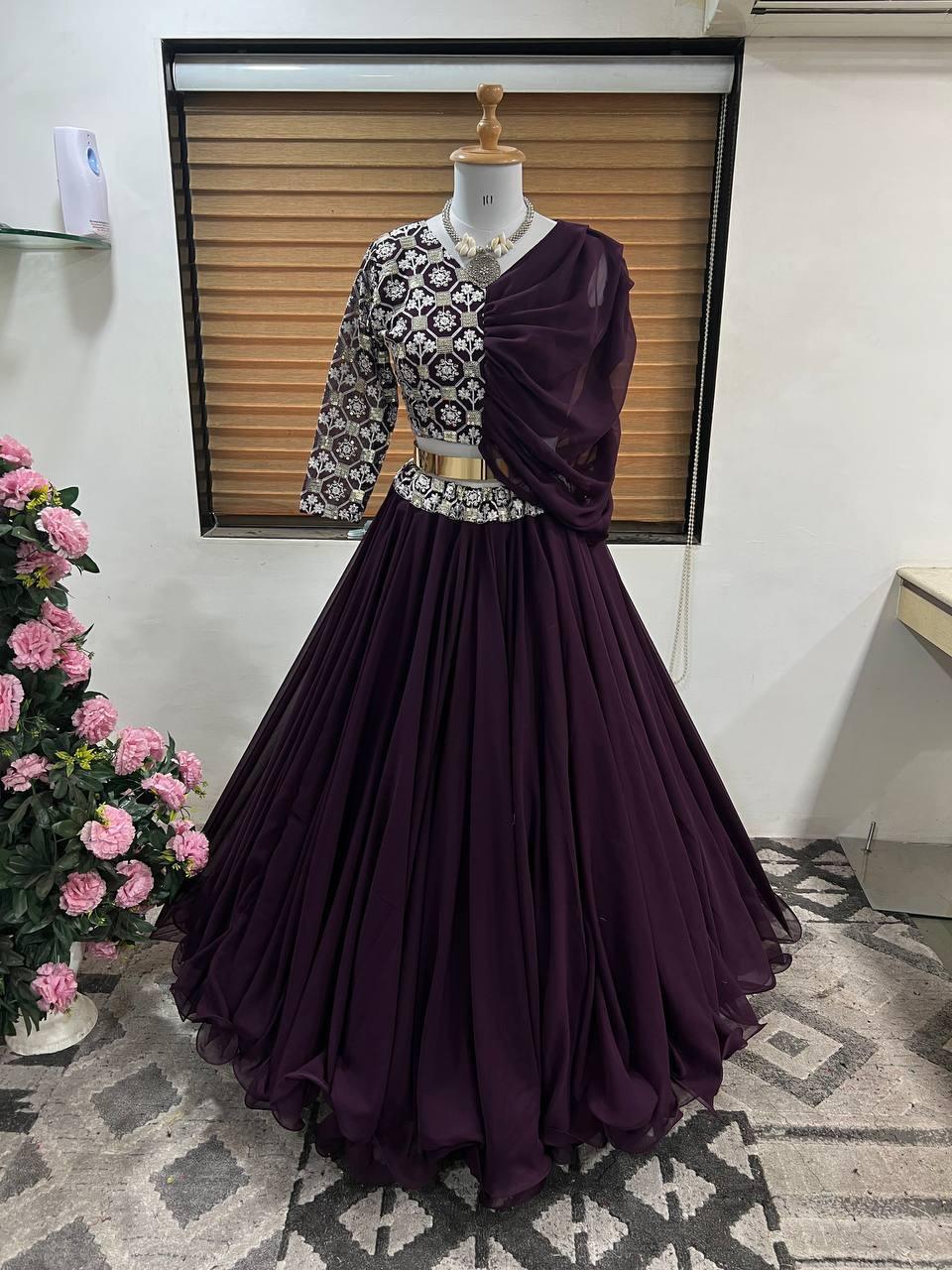 Wine Purple Georgette Embroidery Lehenga Choli - Indiakreations