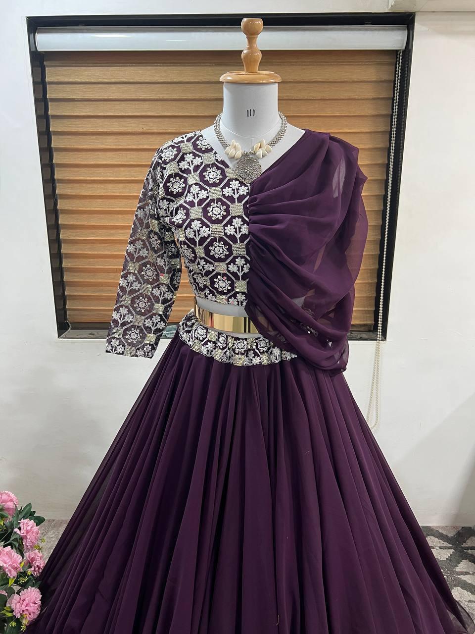 Wine Purple Georgette Embroidery Lehenga Choli - Indiakreations