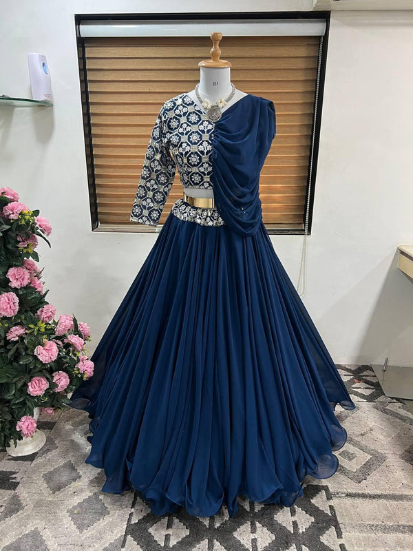 Yale Blue Georgette Embroidery Lehenga Choli - Indiakreations