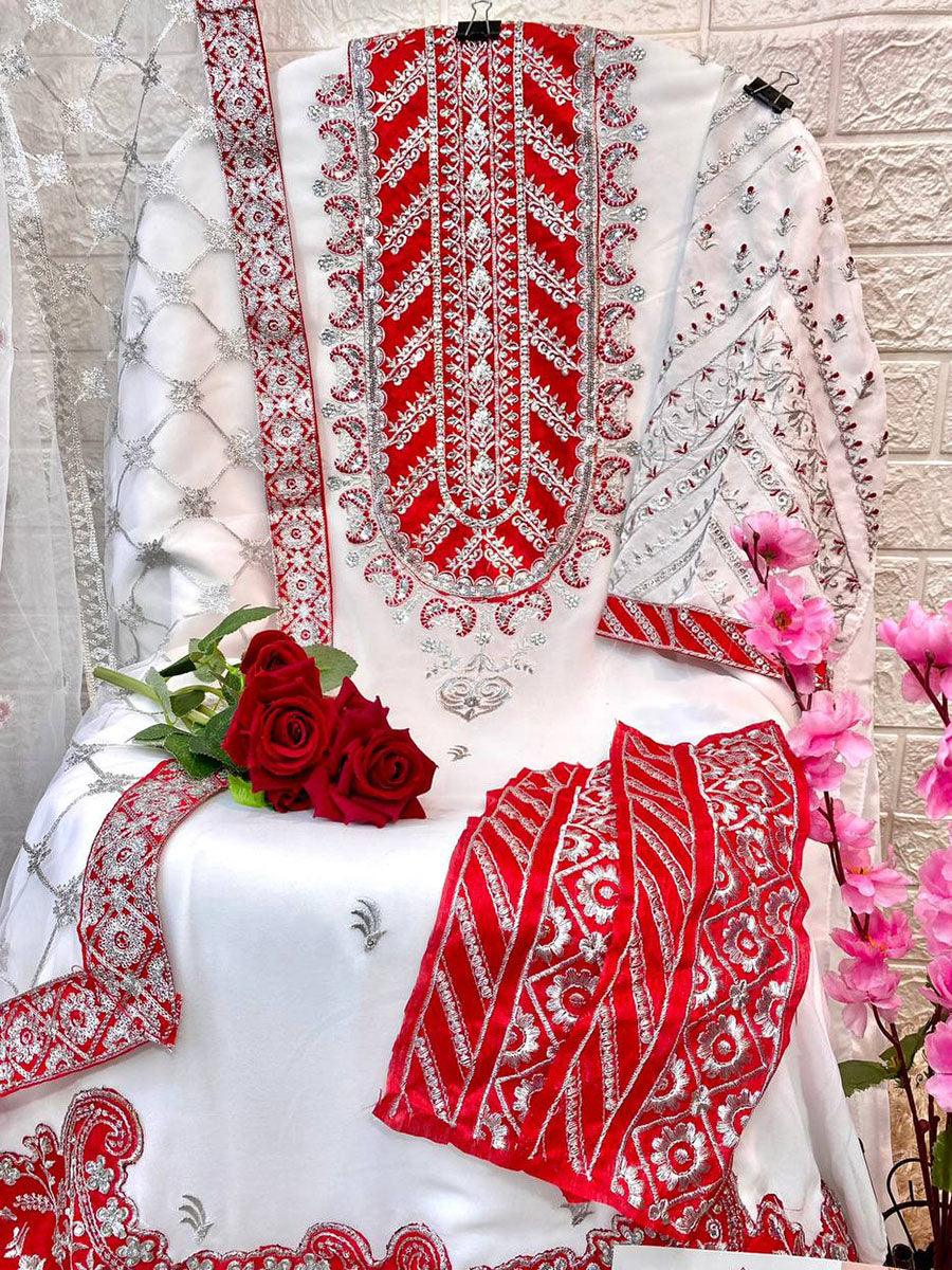 White And Red Georgette Embroidery Anarkali with Dupatta Set - Indiakreations