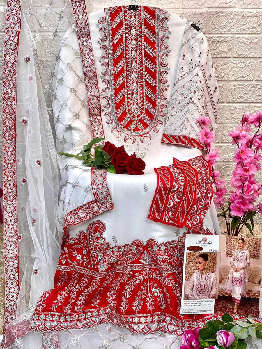 White And Red Georgette Embroidery Anarkali with Dupatta Set - Indiakreations