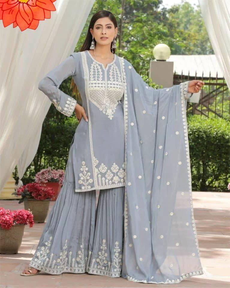 Grey Georgette Embroidery Salwar Suit with Dupatta Set - Indiakreations