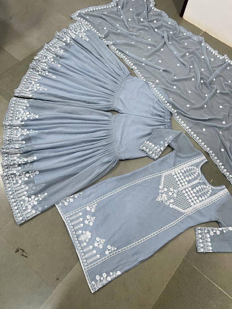 Grey Georgette Embroidery Salwar Suit with Dupatta Set - Indiakreations