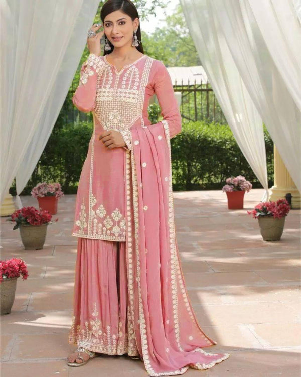 Pink Georgette Embroidery Salwar Suit with Dupatta Set - Indiakreations