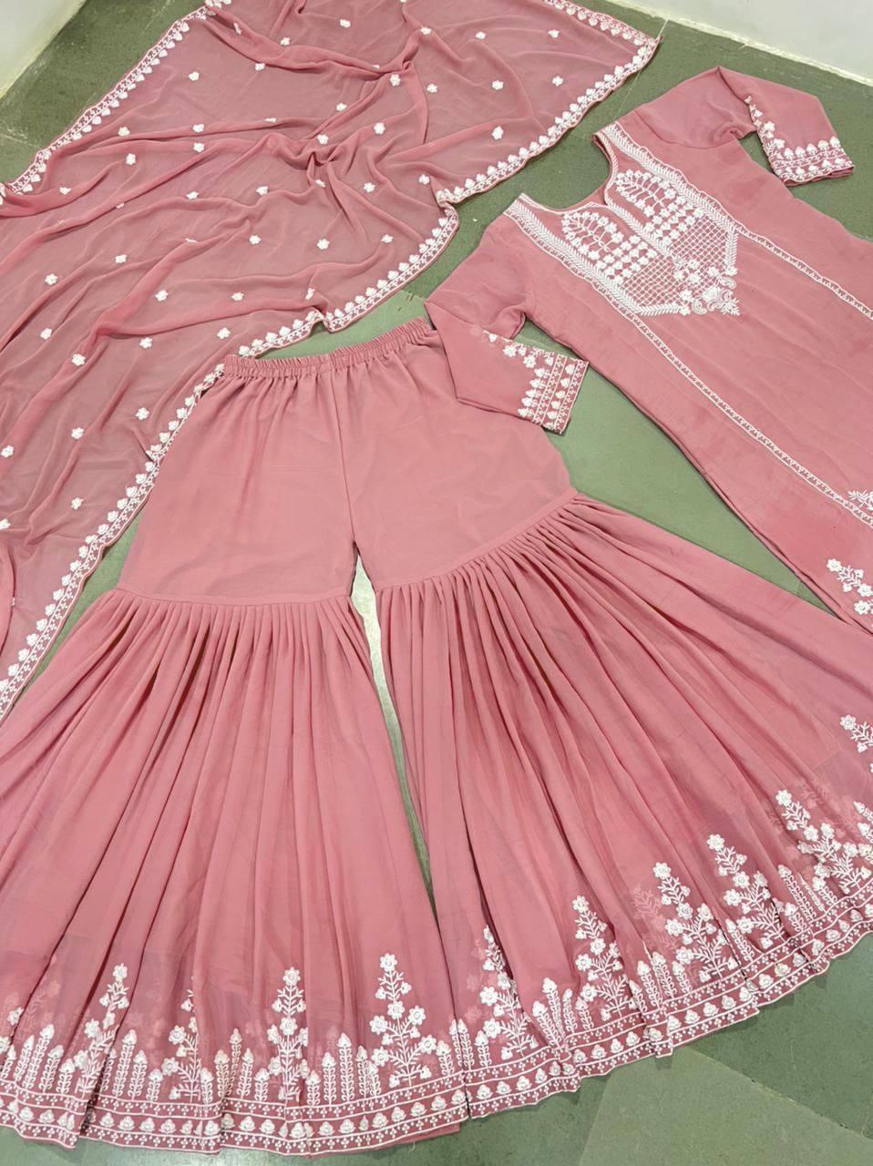 Pink Georgette Embroidery Salwar Suit with Dupatta Set - Indiakreations