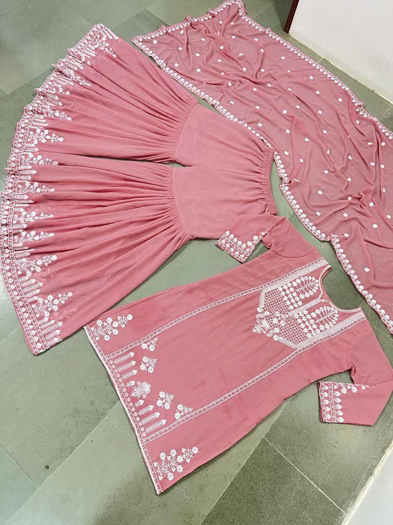 Pink Georgette Embroidery Salwar Suit with Dupatta Set - Indiakreations