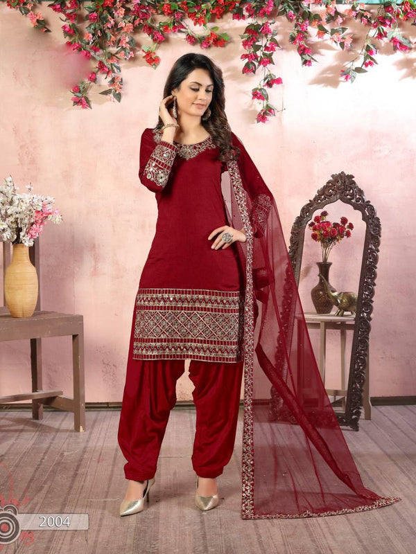 Red Art Silk Anarkali With Dupatta Set - Indiakreations