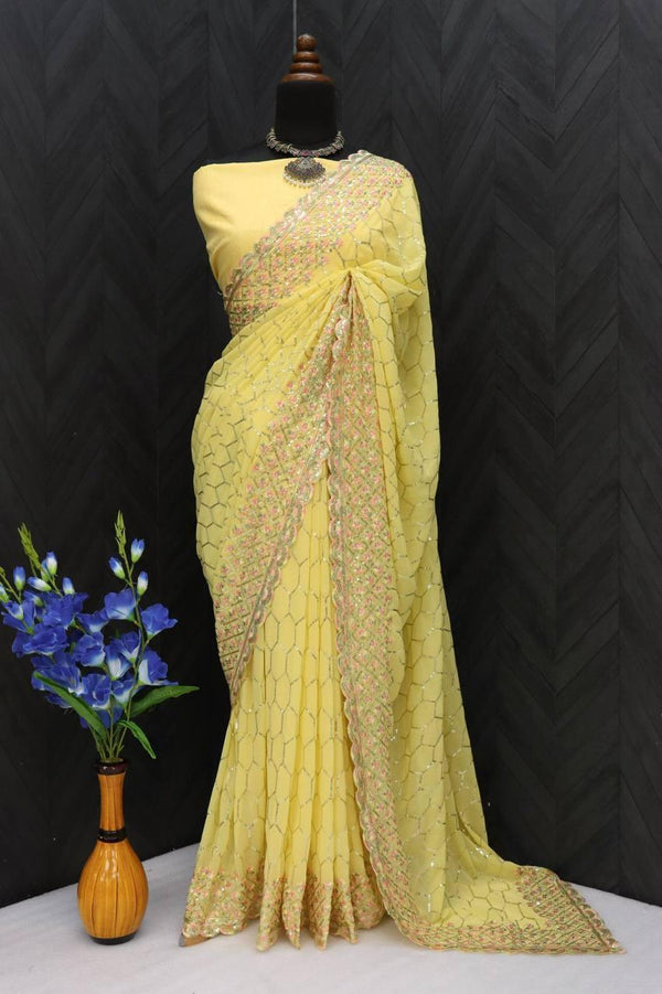 Yellow Faux Georgette Embroidery Saree - Indiakreations