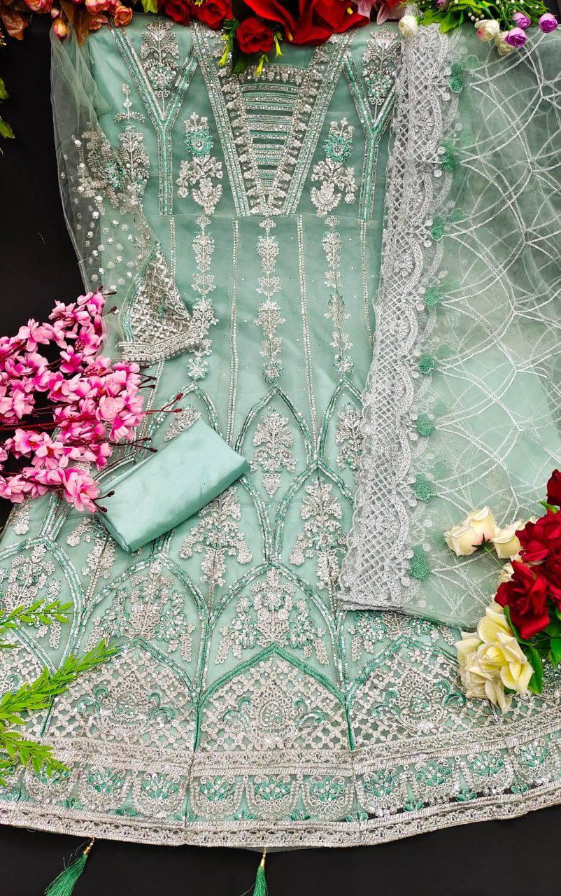 Mint Green Butterfly Net Embroidery Anarkali With Dupatta Set - Indiakreations