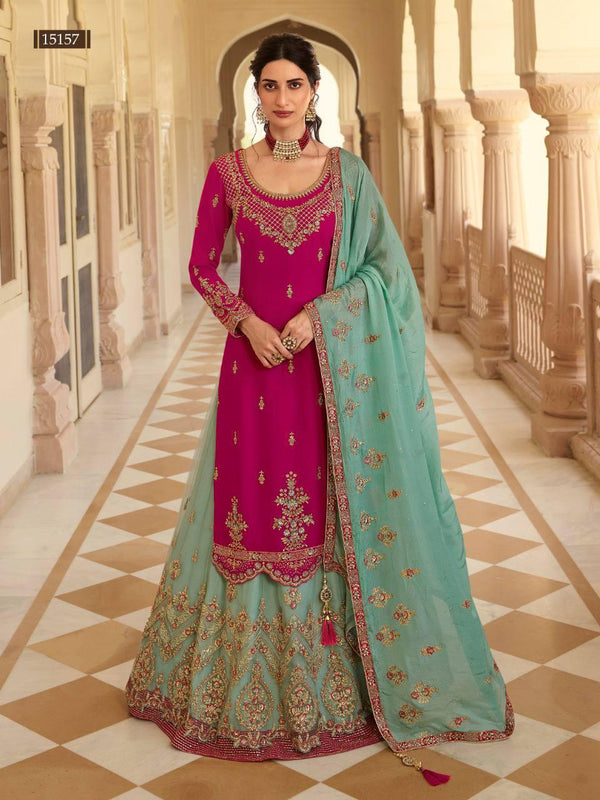 Dark Pink Georgette Embroidery Anarkali With Dupatta Set - Indiakreations