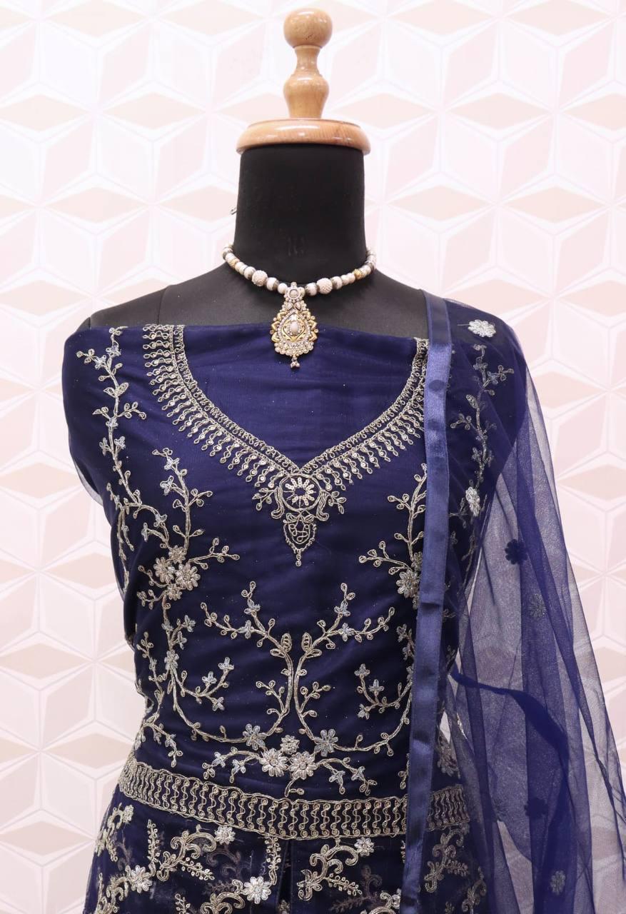 Blue Butterfly Net Embroidery Anarkali With Dupatta Set - Indiakreations