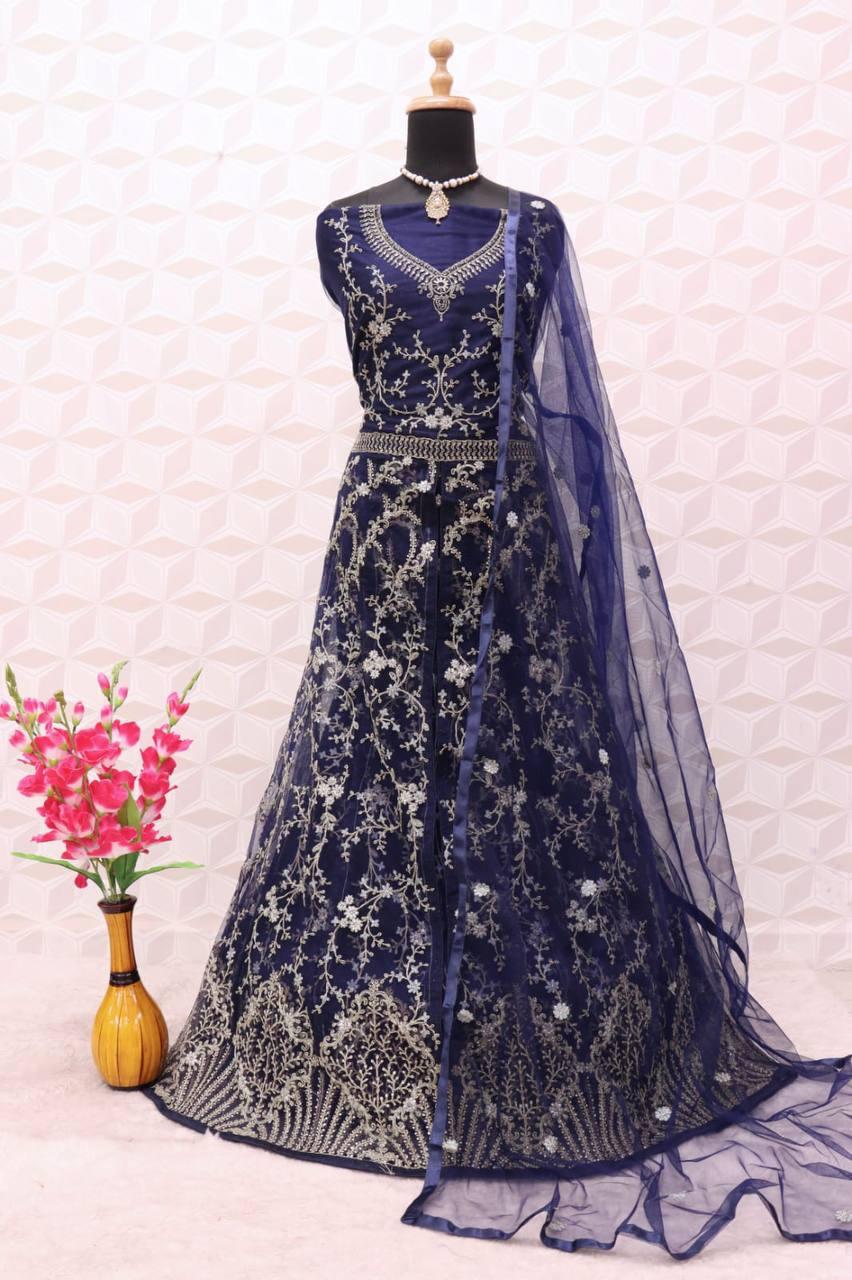 Blue Butterfly Net Embroidery Anarkali With Dupatta Set - Indiakreations