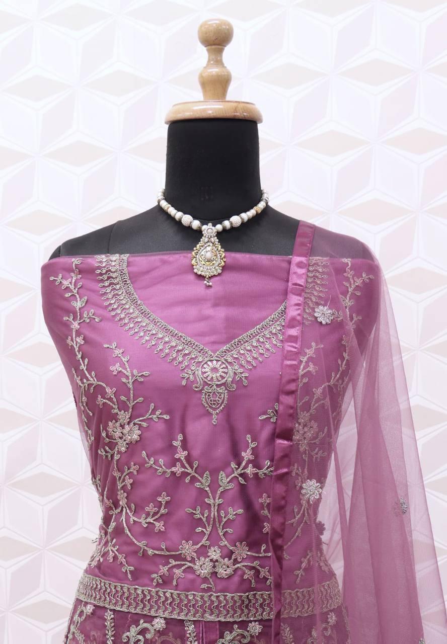 Purple Butterfly Net Embroidery Anarkali With Dupatta Set - Indiakreations