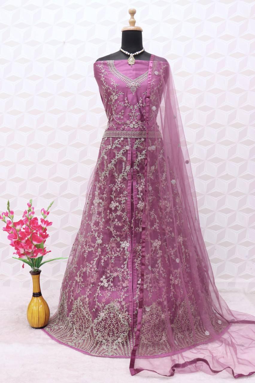 Purple Butterfly Net Embroidery Anarkali With Dupatta Set - Indiakreations