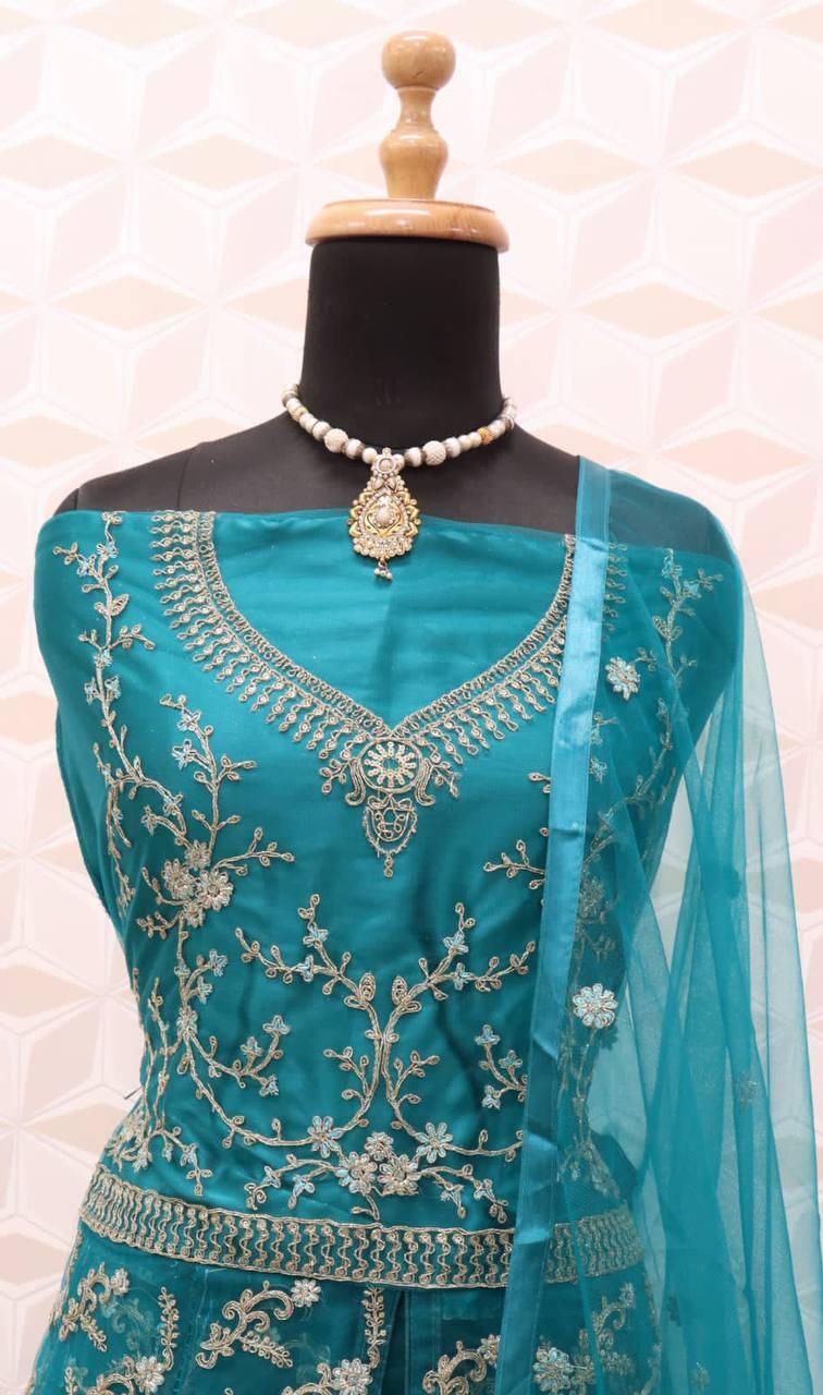 Aqua Butterfly Net Embroidery Anarkali With Dupatta Set - Indiakreations