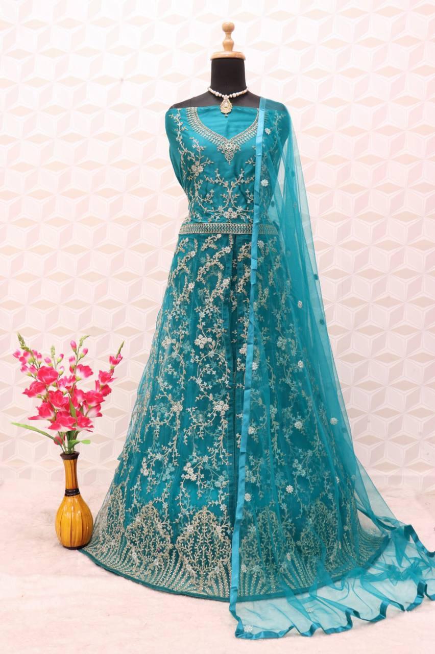 Aqua Butterfly Net Embroidery Anarkali With Dupatta Set - Indiakreations