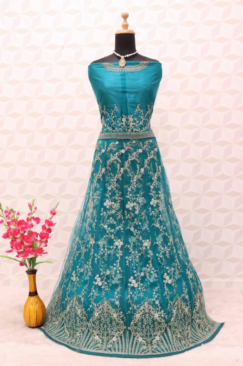 Aqua Butterfly Net Embroidery Anarkali With Dupatta Set - Indiakreations