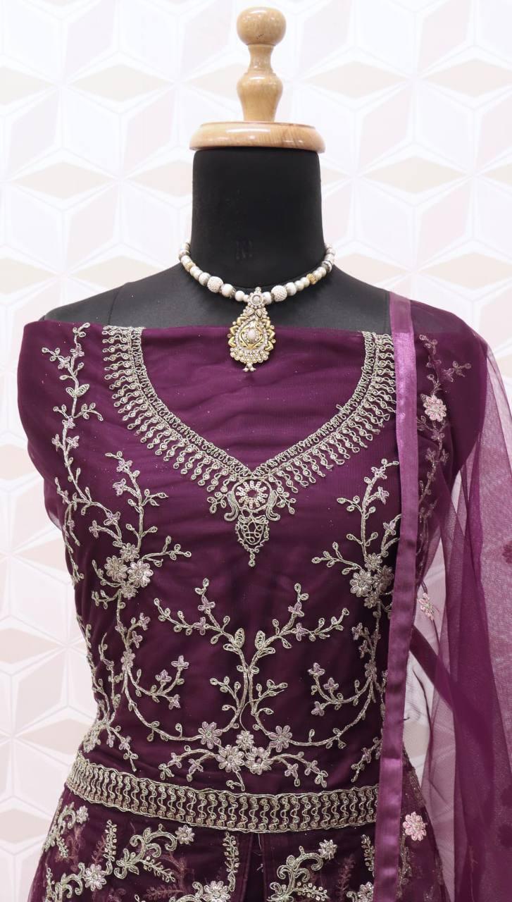 Wine Butterfly Net Embroidery Anarkali With Dupatta Set - Indiakreations