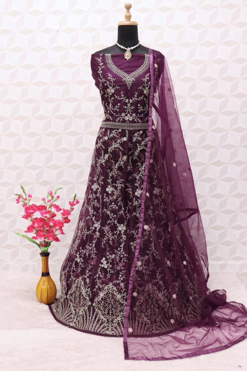 Wine Butterfly Net Embroidery Anarkali With Dupatta Set - Indiakreations