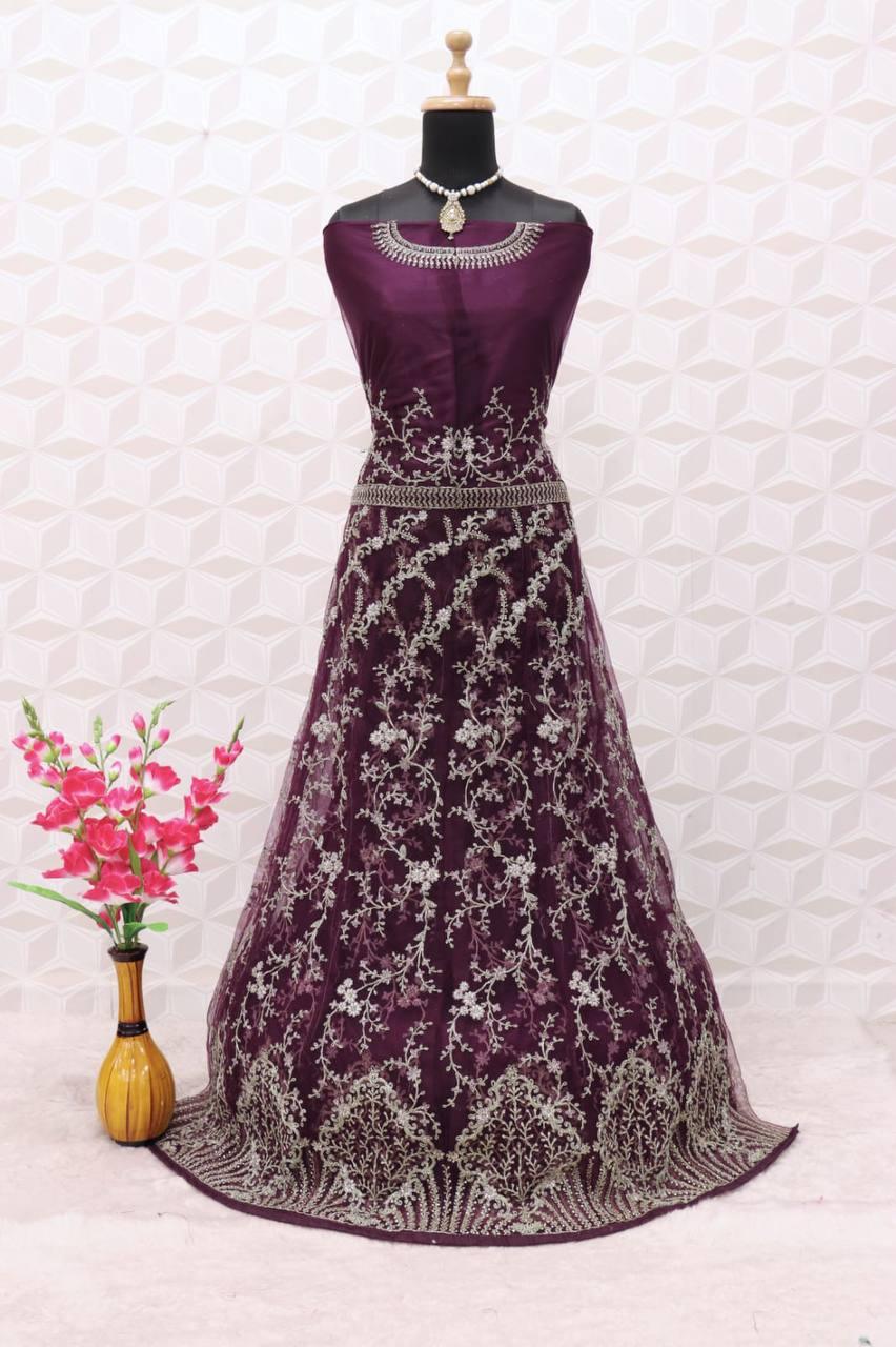 Wine Butterfly Net Embroidery Anarkali With Dupatta Set - Indiakreations