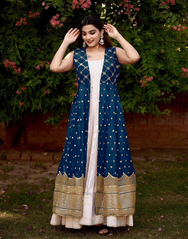 Blue Georgette Embroidery Gown with Dupatta Set - Indiakreations