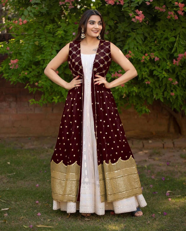 Maroon Georgette Embroidery Gown with Dupatta Set - Indiakreations