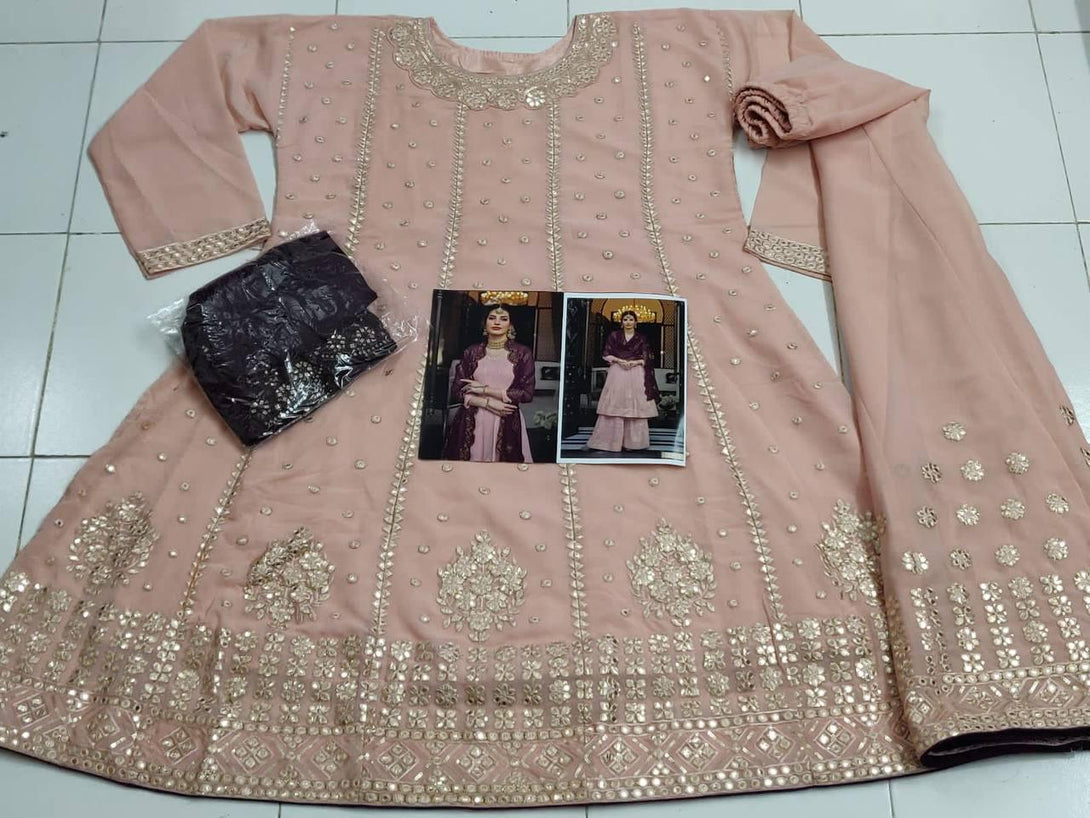 Peach Georgette Anarkali With Dupatta Set - Indiakreations