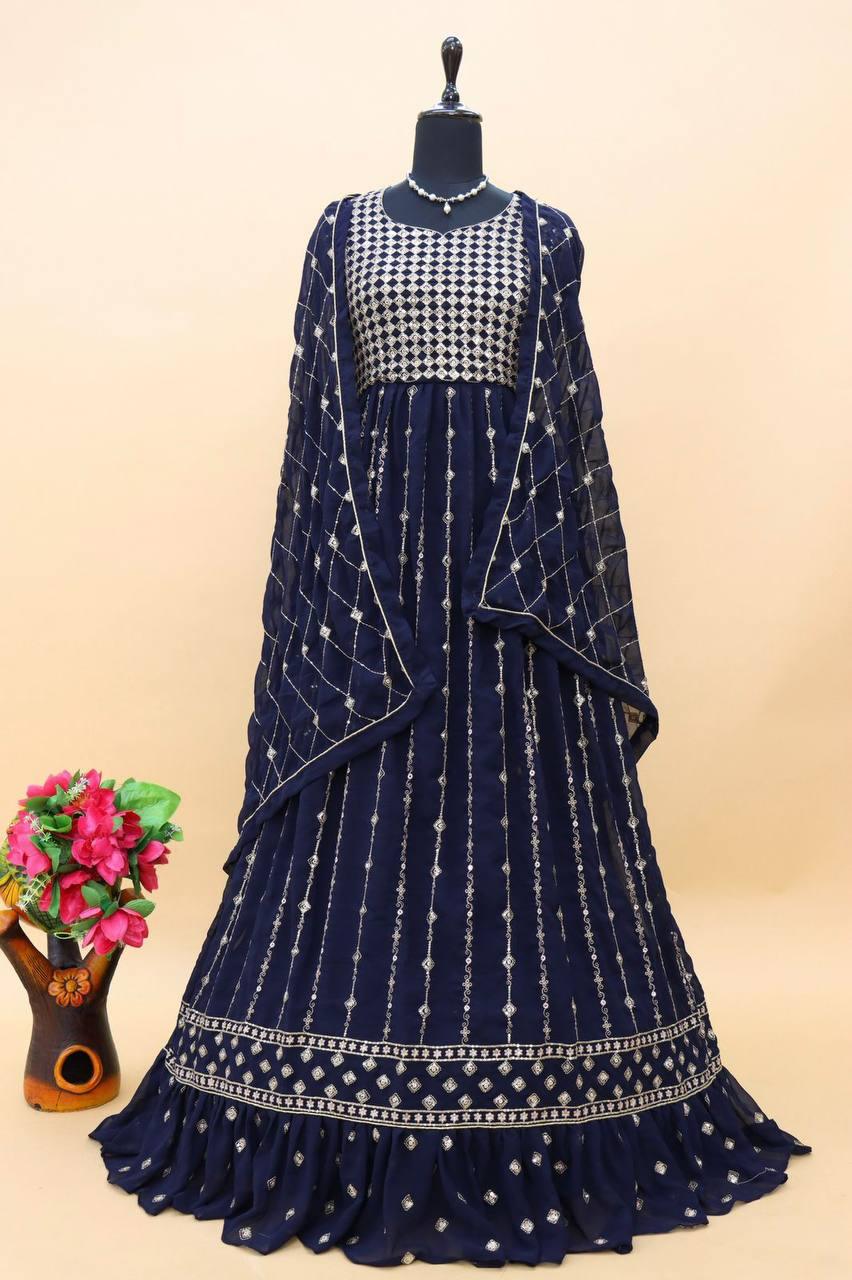 Navy Blue Georgette Anarkali With Dupatta Set - Indiakreations