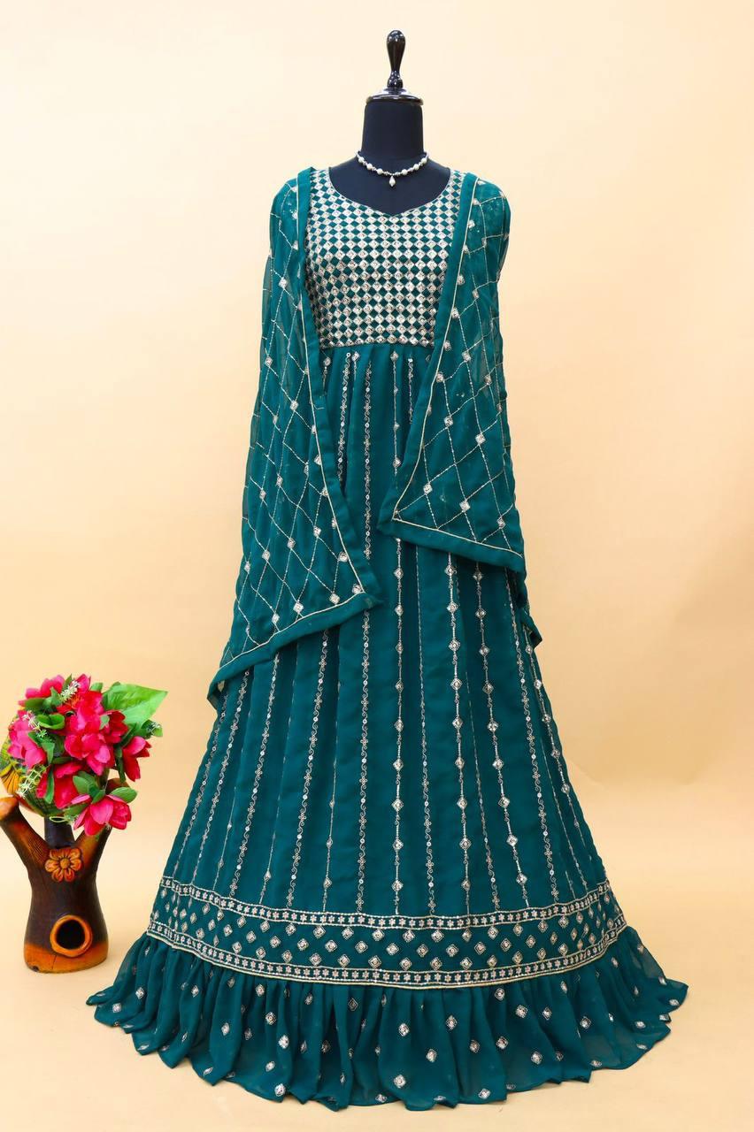 Teal Georgette Anarkali With Dupatta Set - Indiakreations