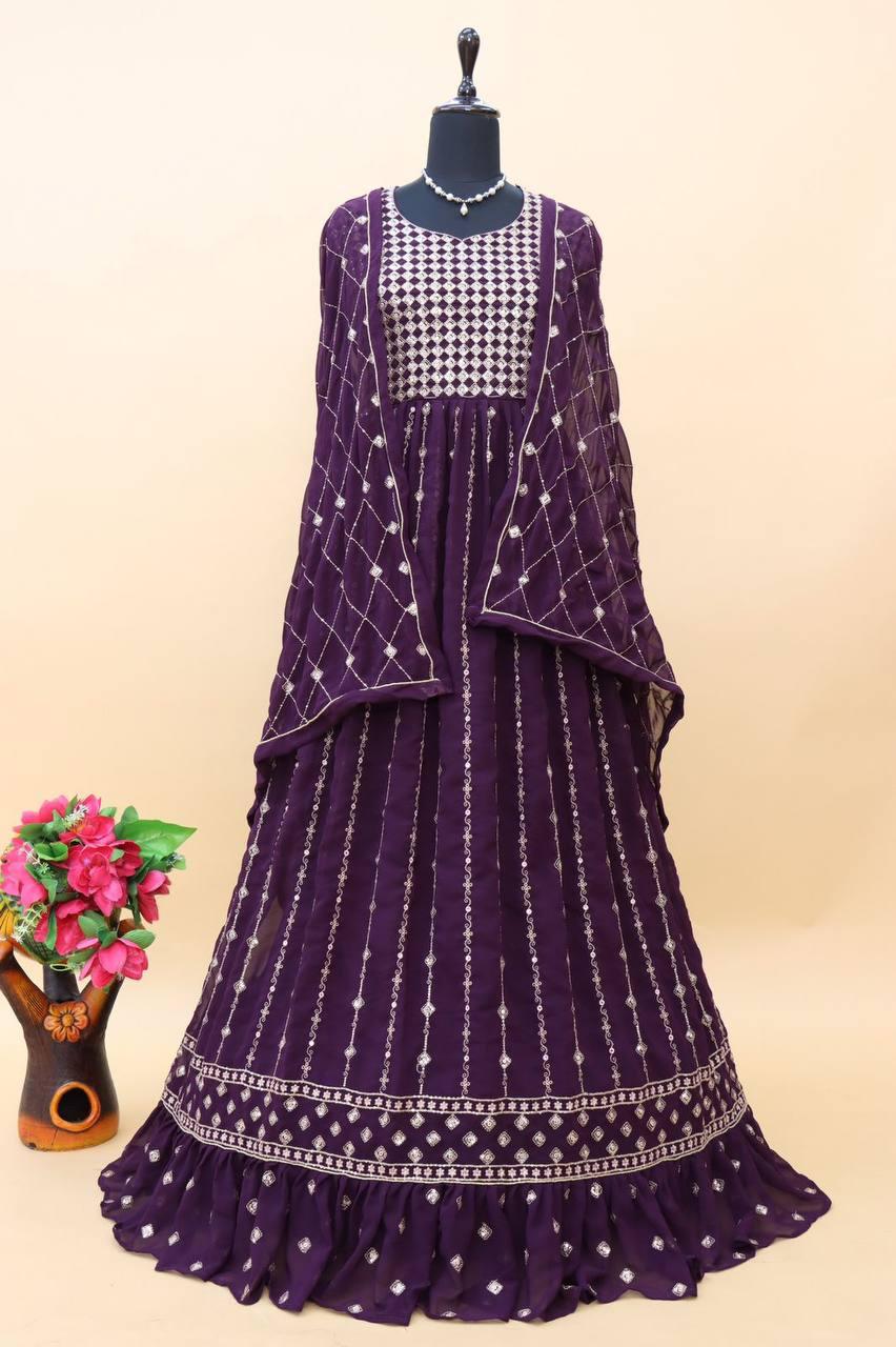 Violet Georgette Anarkali With Dupatta Set - Indiakreations