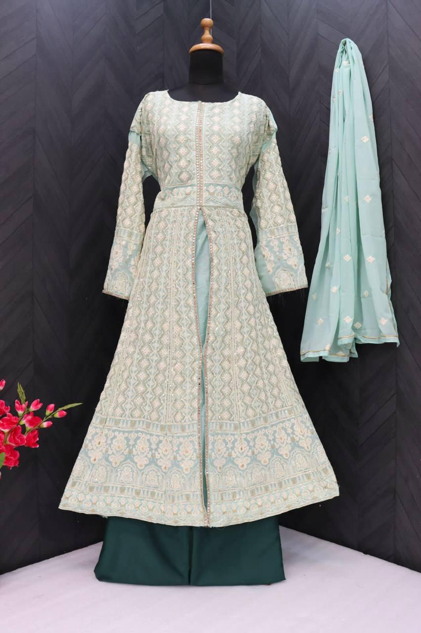 Green Georgette Embroidery Anarkali With Dupatta Set - Indiakreations