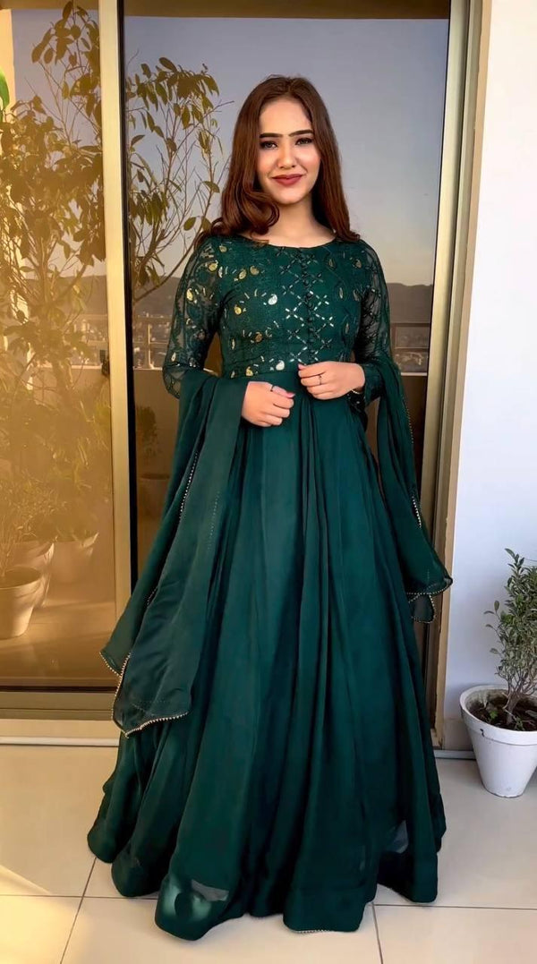 Teal Green Georgette Embroidery Gown with Dupatta Set - Indiakreations