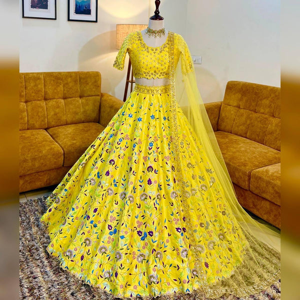 Yellow Floral Malai Satin Silk Lehenga Choli - Indiakreations