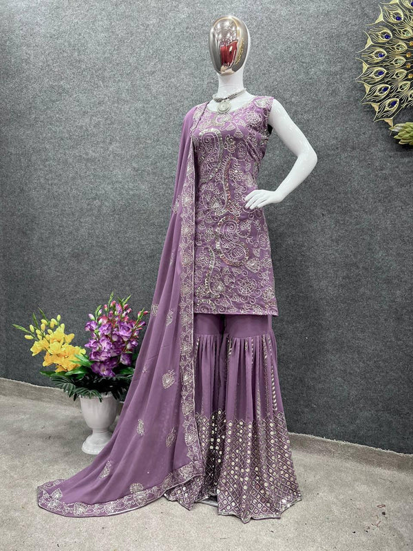 Mauve Purple Georgette Embroidery Salwar Suit with Dupatta Set - Indiakreations