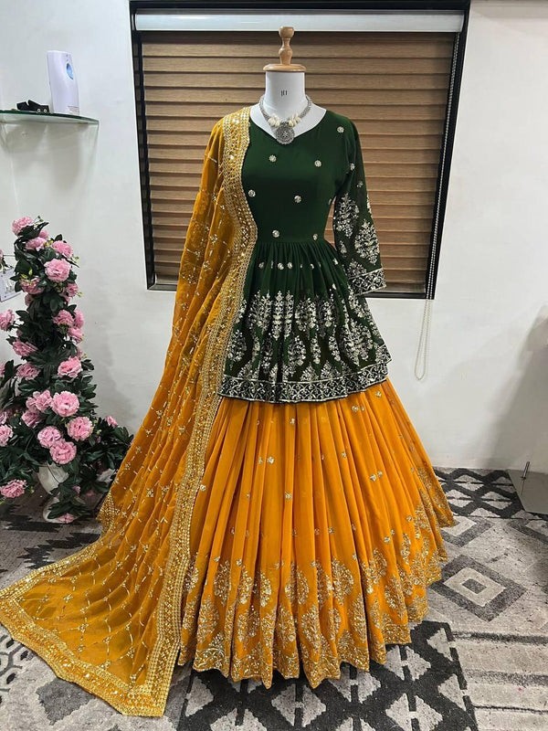 Green And Yellow Georgette Embroidery Salwar Suit with Dupatta Set - Indiakreations