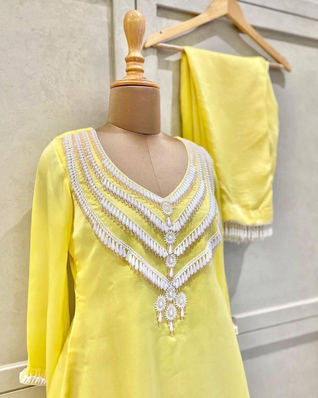 Yellow Muslin Silk Salwar Suit with Dupatta Set - Indiakreations