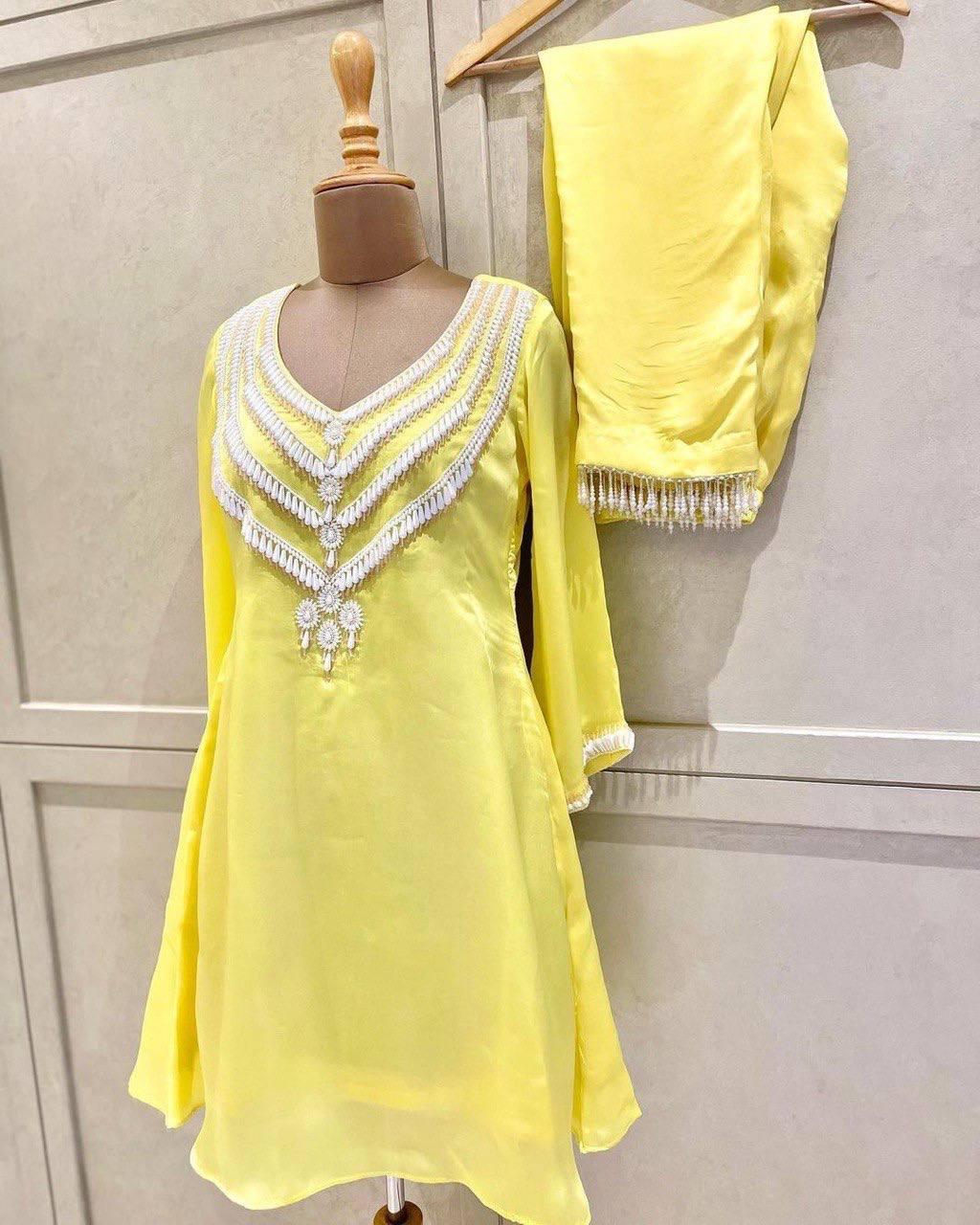 Yellow Muslin Silk Salwar Suit with Dupatta Set - Indiakreations