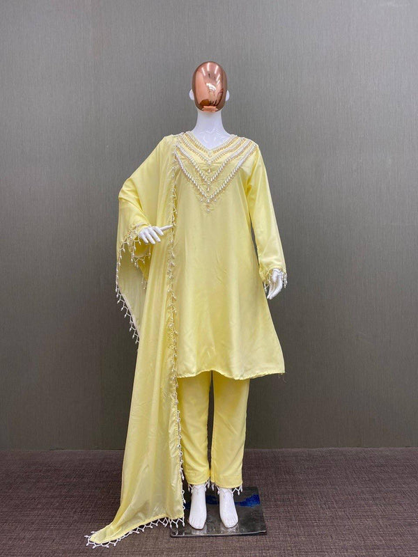 Yellow Muslin Silk Salwar Suit with Dupatta Set - Indiakreations