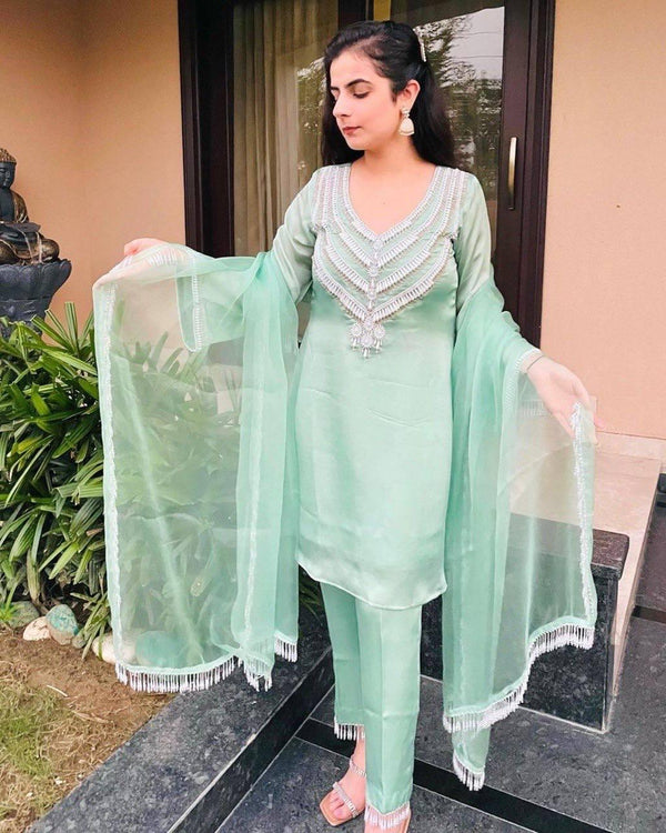 Mint Green Muslin Silk Salwar Suit with Dupatta Set - Indiakreations