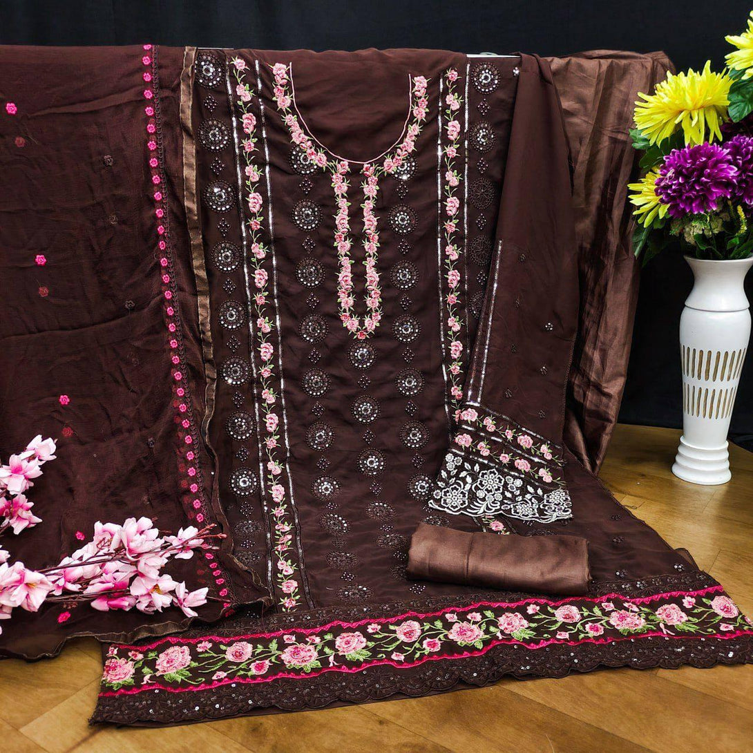 Brown Georgette Embroidery Anarkali With Dupatta Set - Indiakreations