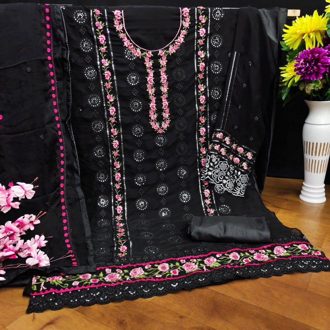 Black Georgette Embroidery Anarkali With Dupatta Set - Indiakreations